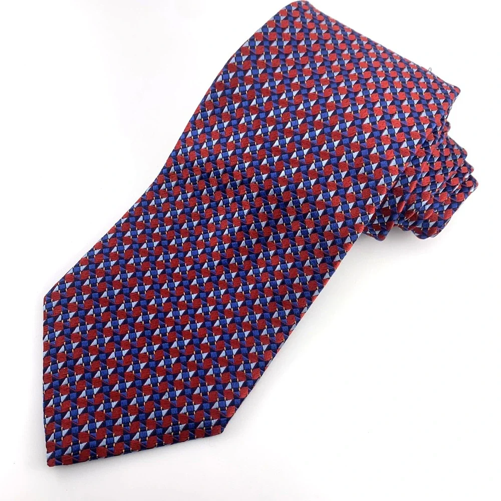Ike Behar Mens Tie Red & Blue Geometric Repp Thick 100% Silk Necktie